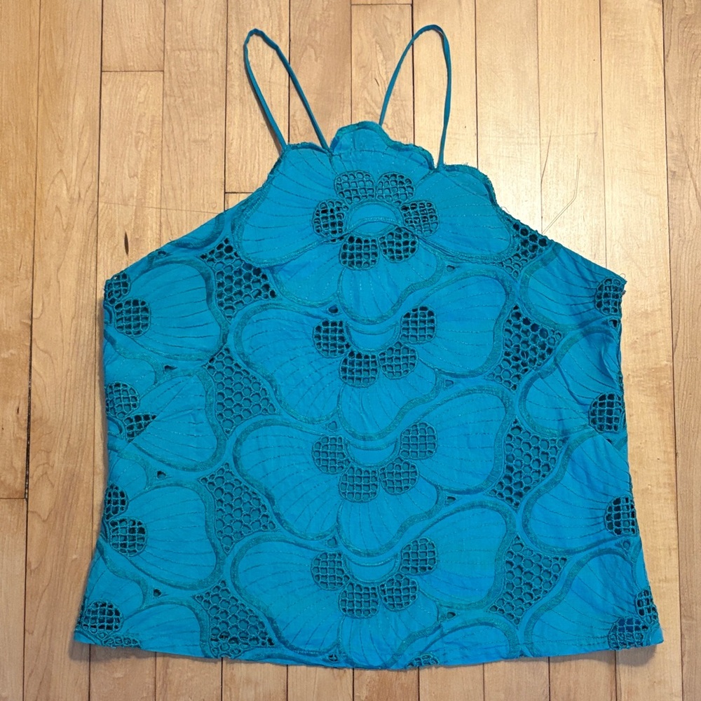 Corey Lynn Calter Turquoise Blue Floral Embroidered Women's Top